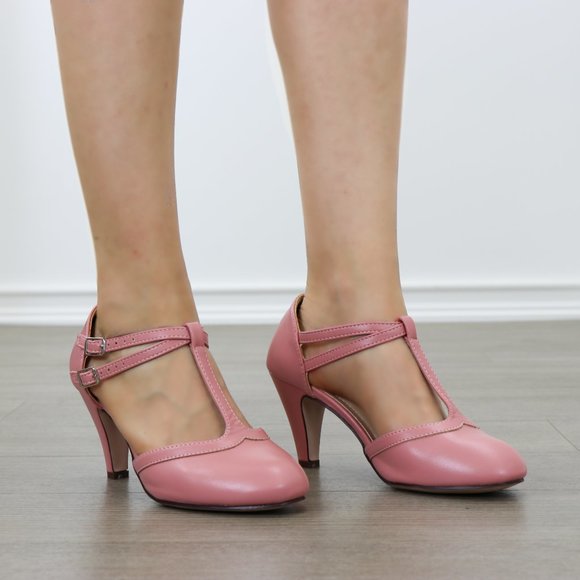 Dusty Rose Pink Double Buckle T-Strap Retro Pump - Picture 6 of 7